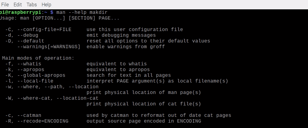 man Command Output with --help flag