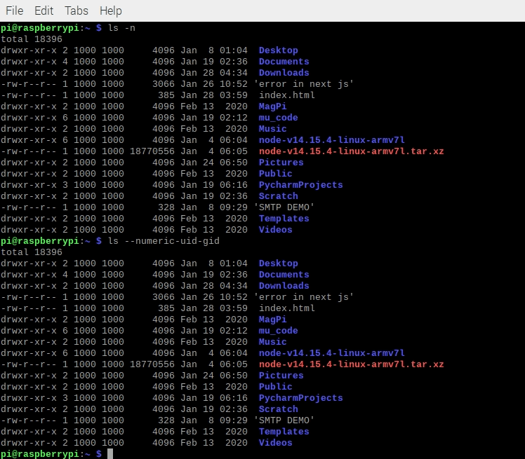 output user and group ids